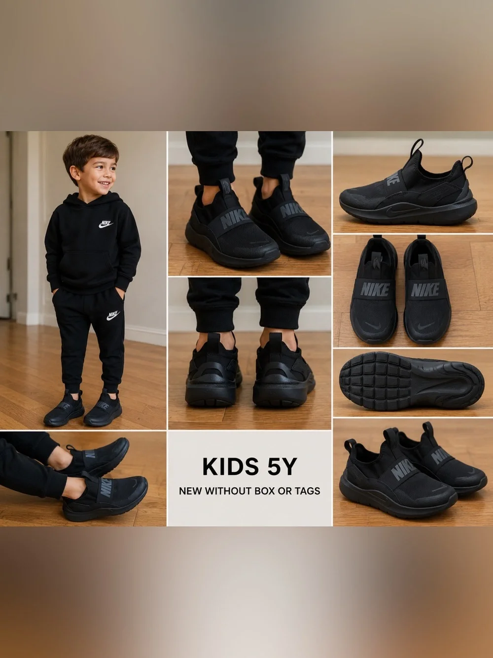 Nike Flex Runner 2 Kids Black Slip-On Sneakers Size 5Y NWOT